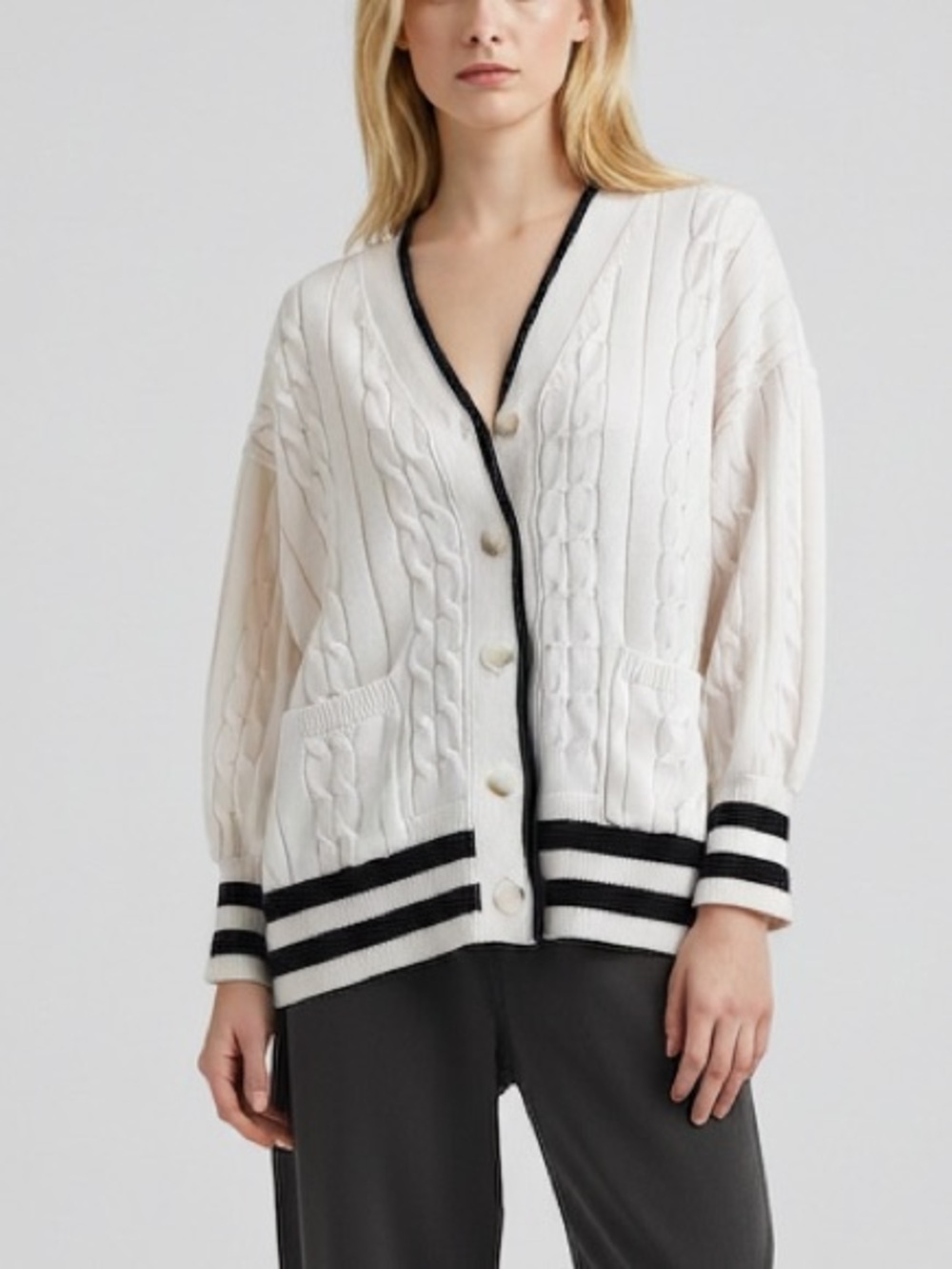 LOFT Ivory Cable Knit Varsity Cardigan w/ Black Trim Tipping M sporty stripe EUC